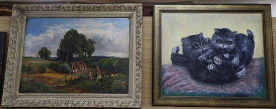 Follower of Ford Madox Brown, oil on canvas, Summer landscape, 29 x 40cm and a sketch after Roner of kittens